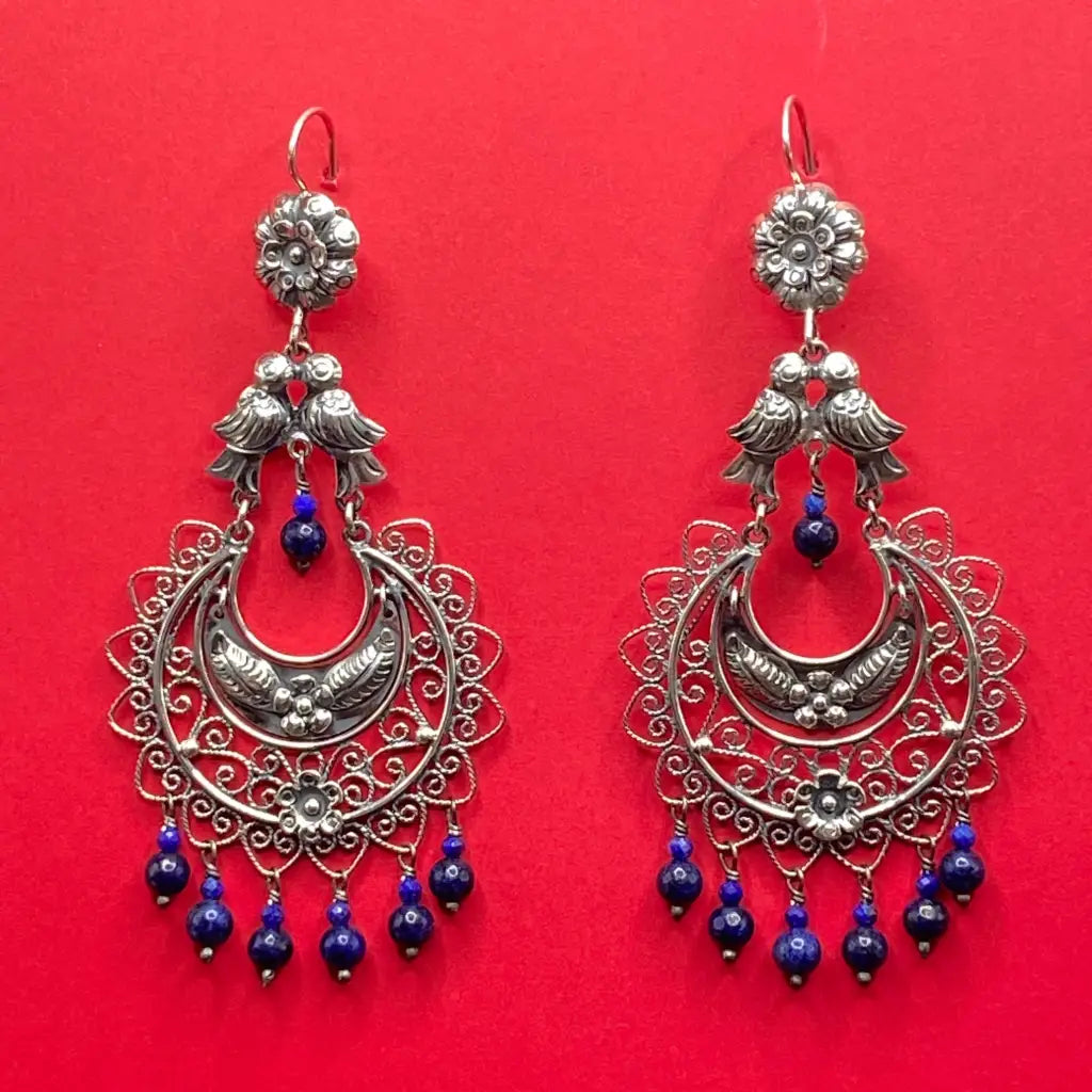 Mexican Mazahua silver dove earrings handmade with lapis
