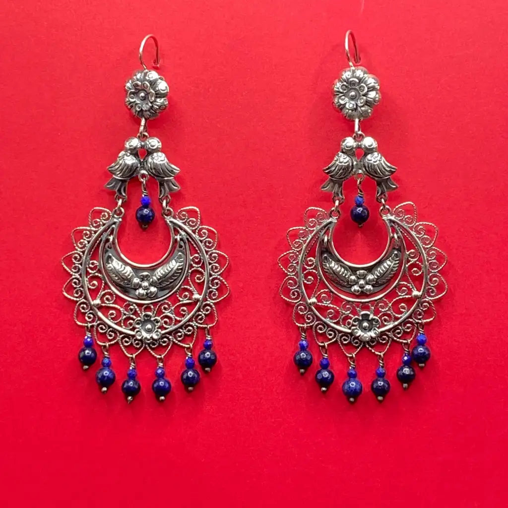 Mexican Mazahua silver dove earrings handmade with lapis
