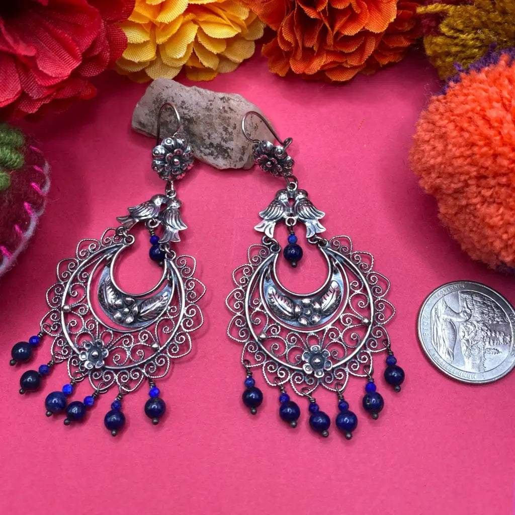 Mexican Mazahua silver dove earrings handmade with lapis