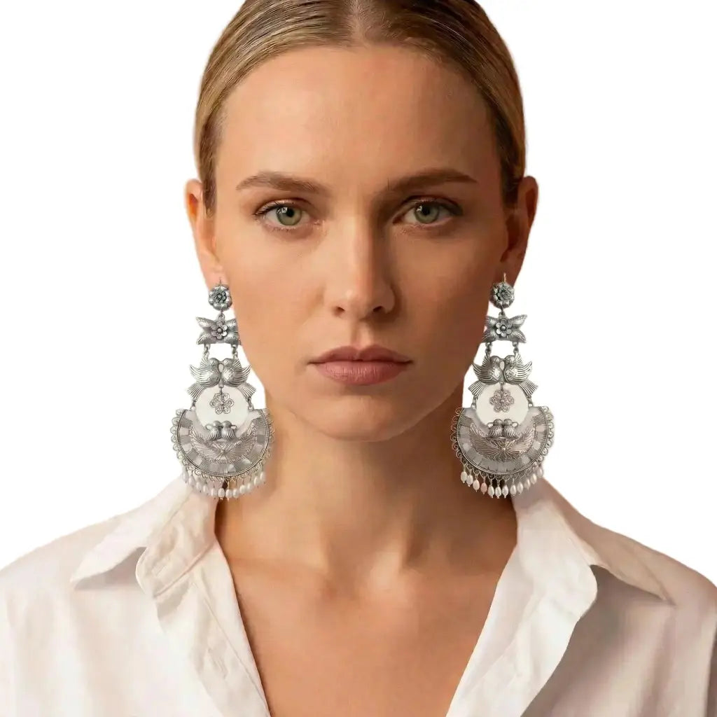 Mazahua Silver Dove Earrings with Pearls, Large Handmade