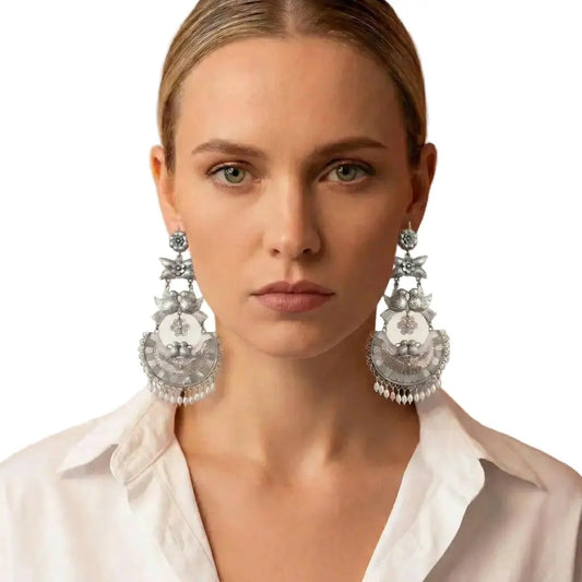 Mazahua Silver Dove Earrings with Pearls, Large Handmade