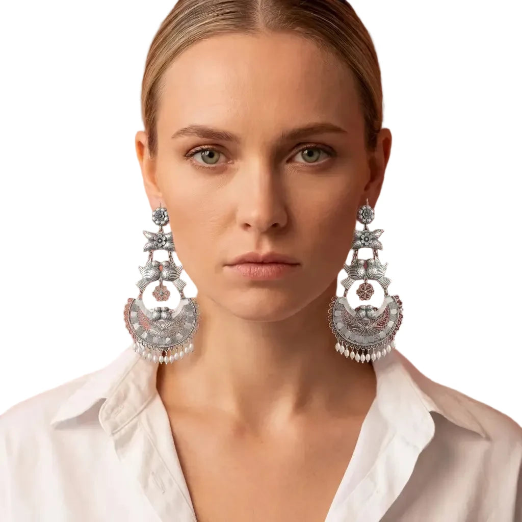 Mazahua Silver Dove Earrings with Pearls, Large Handmade