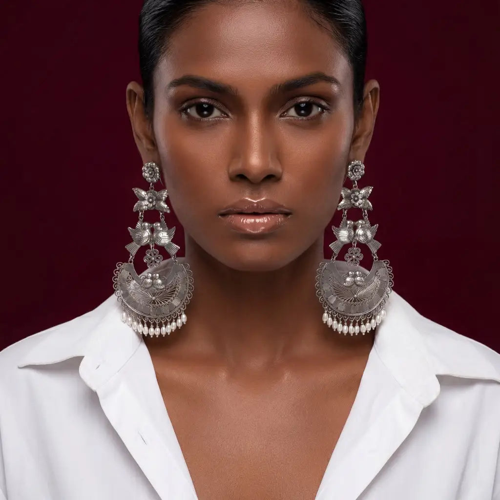 Mexican Mazahua silver dove earrings handmade with pearls
