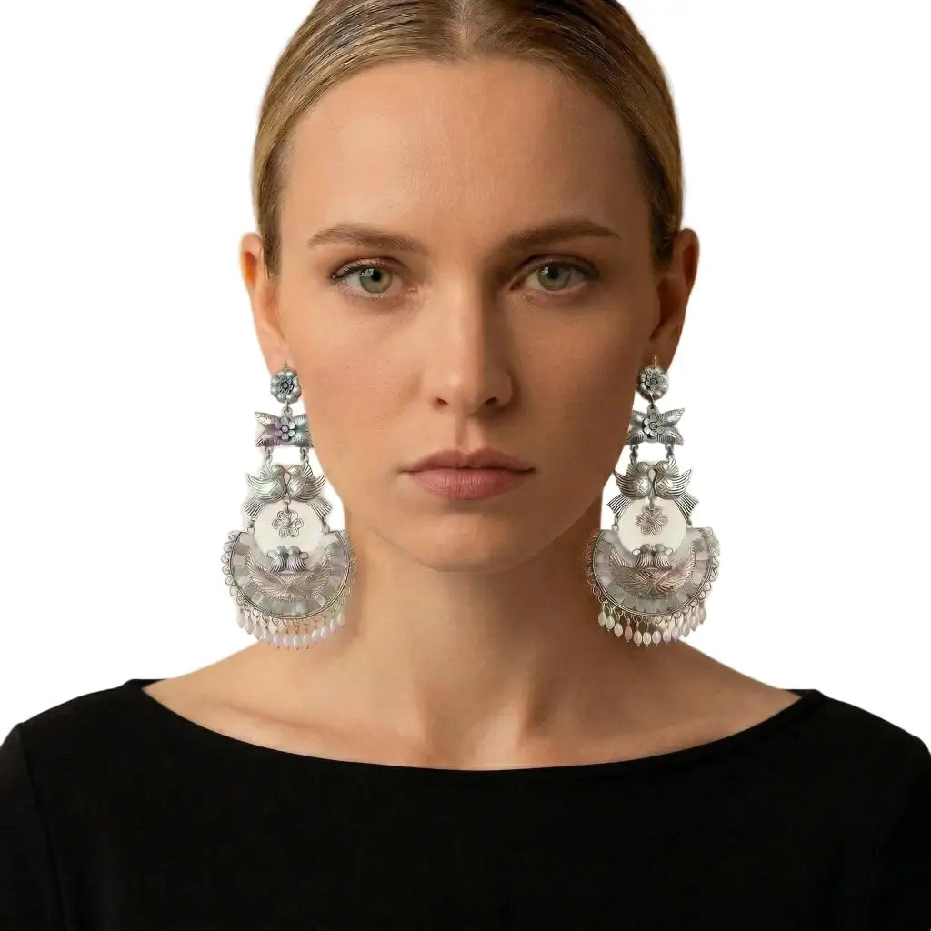 Mazahua Silver Dove Earrings with Pearls, Large Handmade