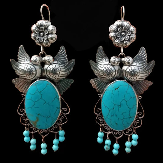 Mexican Mazahua silver dove earrings handmade with turquoise