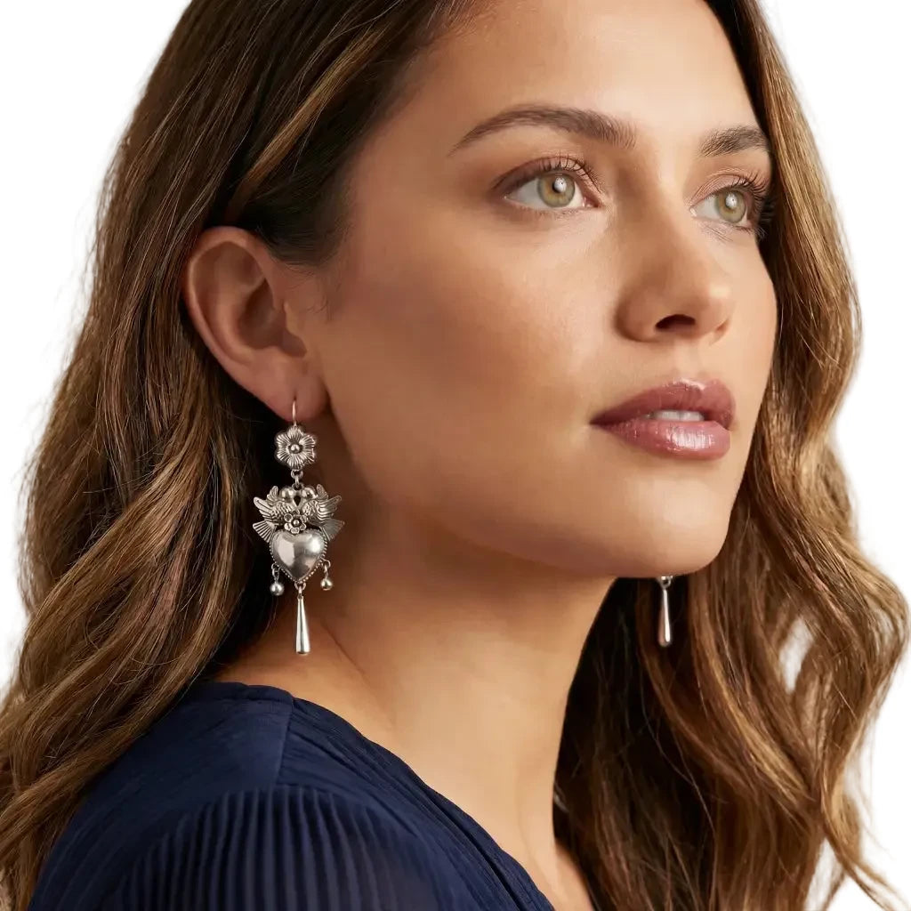 Mazahua Silver Dove Earrings with Heart, Handmade Pure