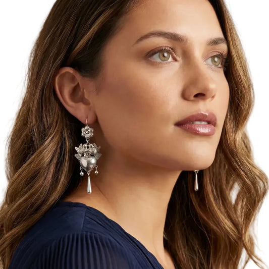 Mazahua Silver Dove Earrings with Heart, Handmade Pure