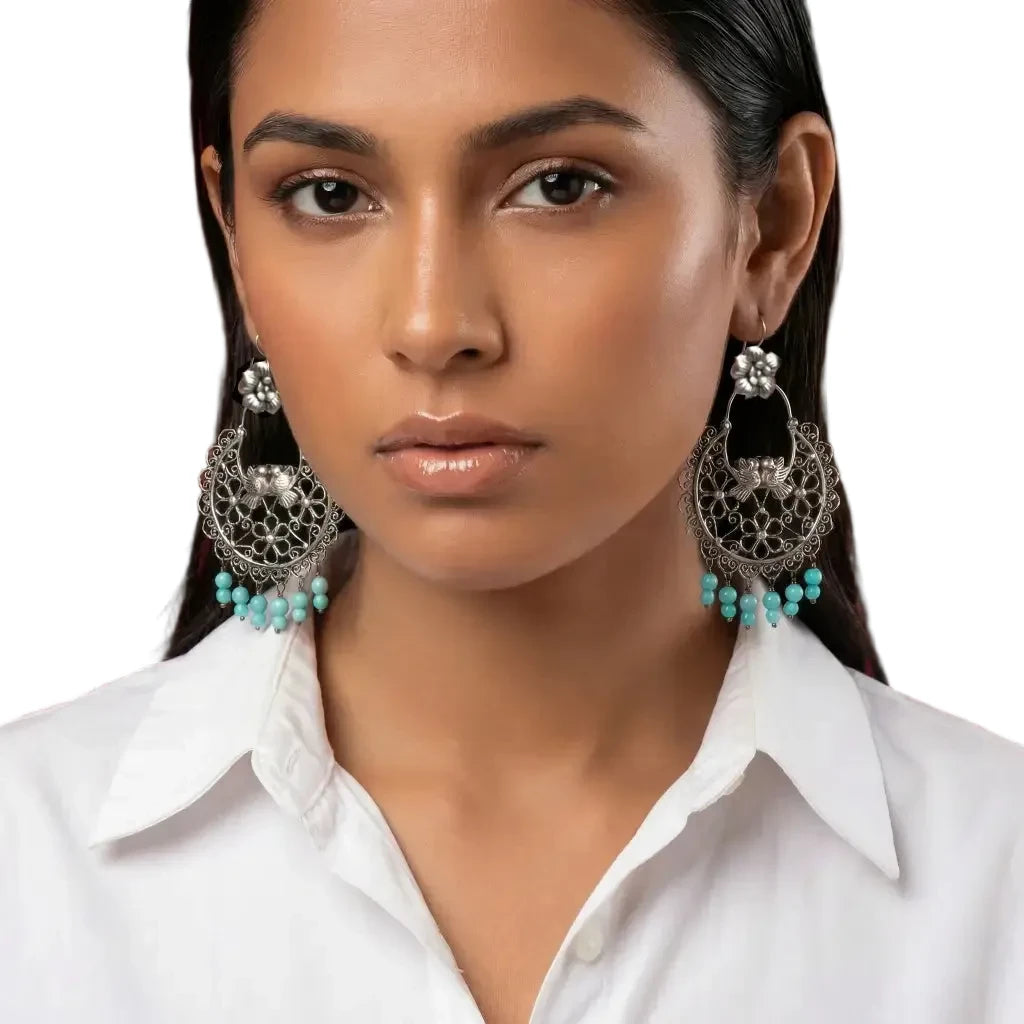 Mazahua Silver Dove Earrings with Turquoise, Handmade Pure