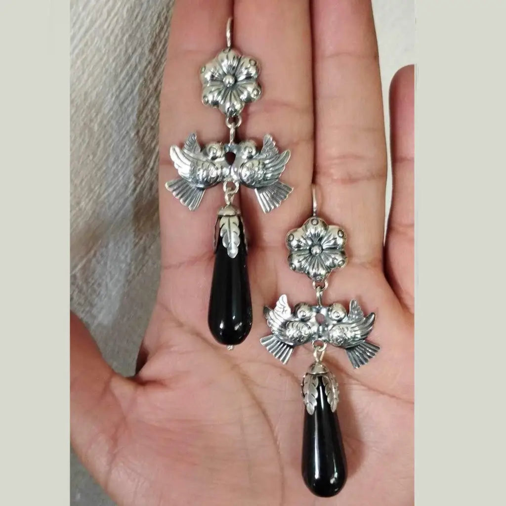 Mexican Mazahua silver earrings handmade with black agate