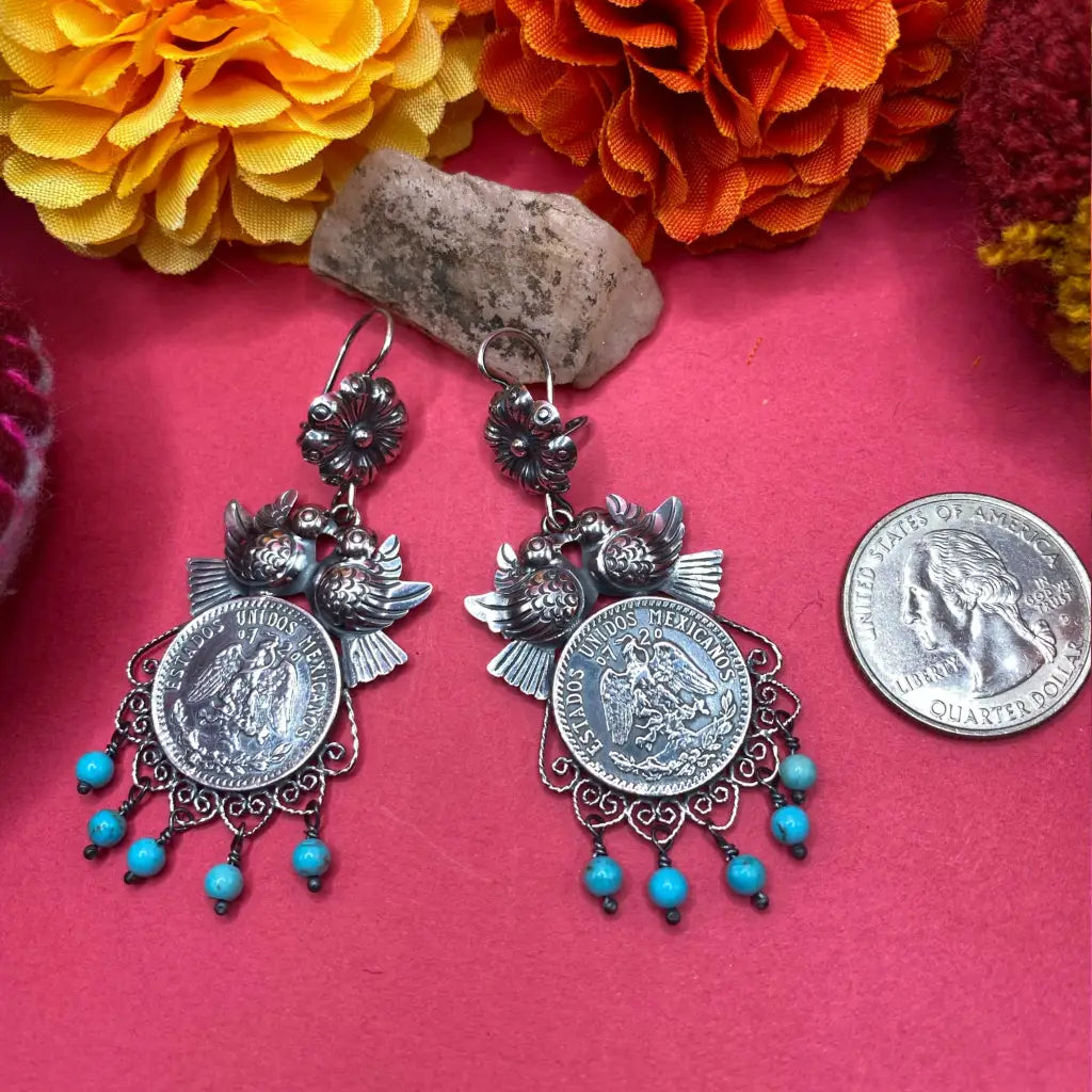 Mexican Mazahua silver earrings handmade coin with turquoise