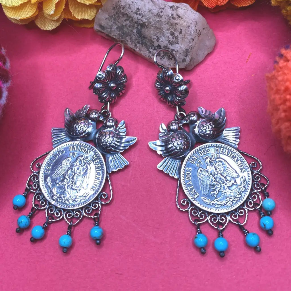 Mexican Mazahua silver earrings handmade coin with turquoise