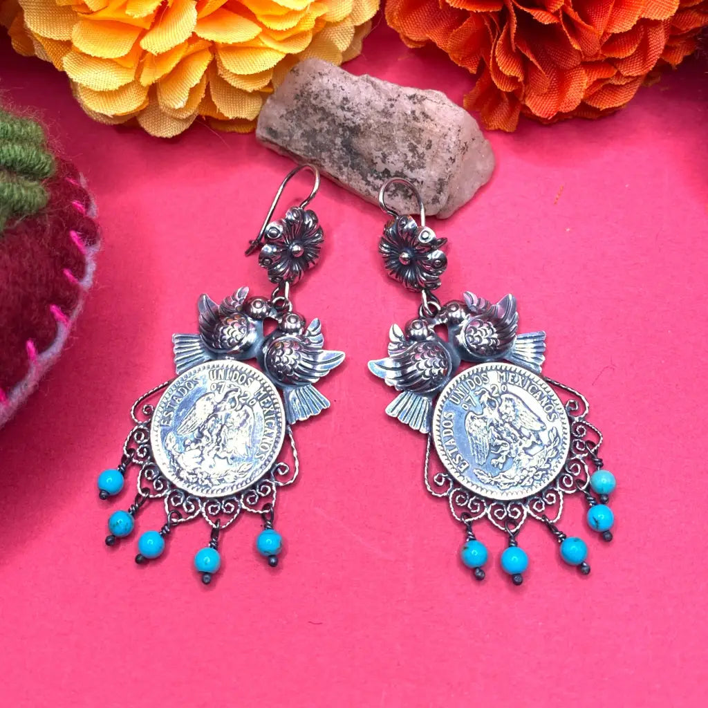 Mexican Mazahua silver earrings handmade coin with turquoise