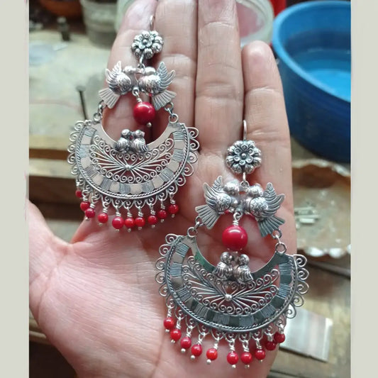 Mexican Mazahua silver dove earrings handmade with coral