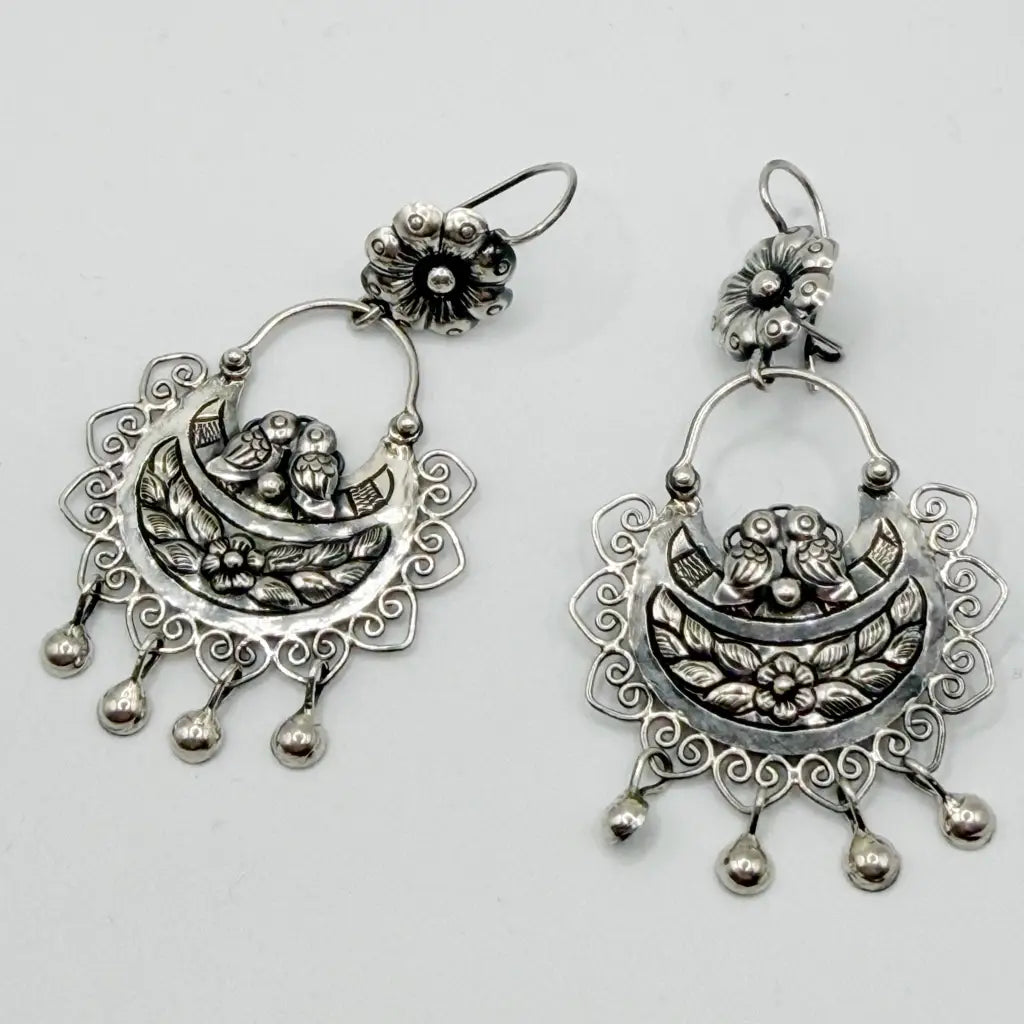 Mexican Mazahua silver earrings handmade with doves
