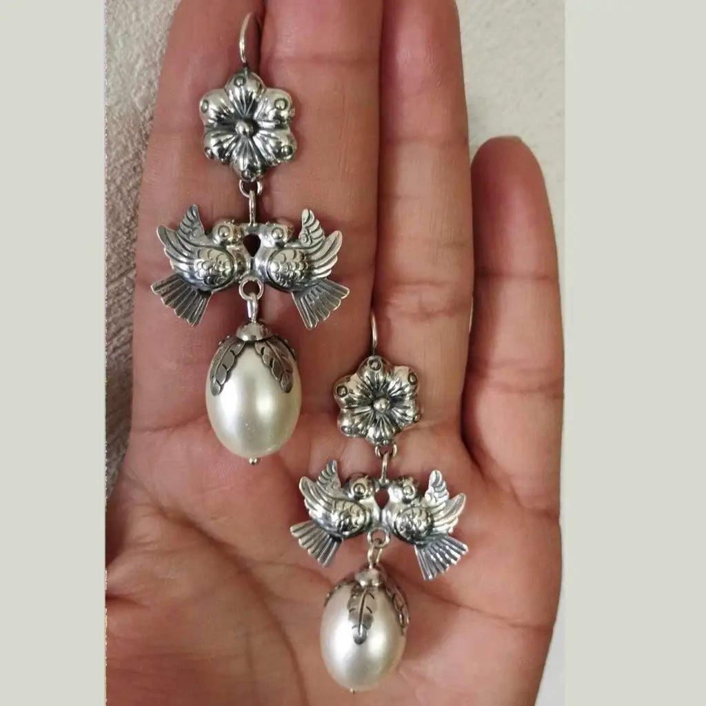 Mexican Mazahua silver earrings handmade with pearl drops