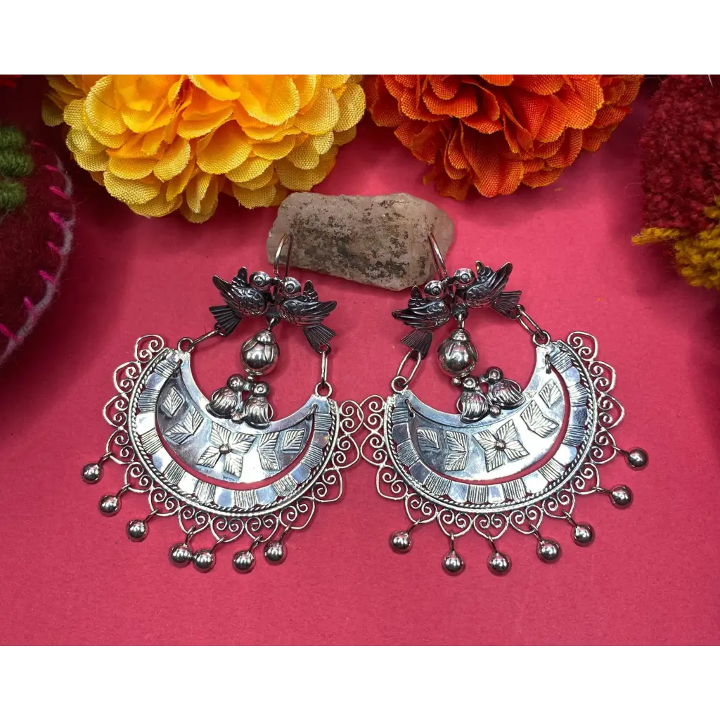 Mexican Mazahua silver earrings handmade with pearls