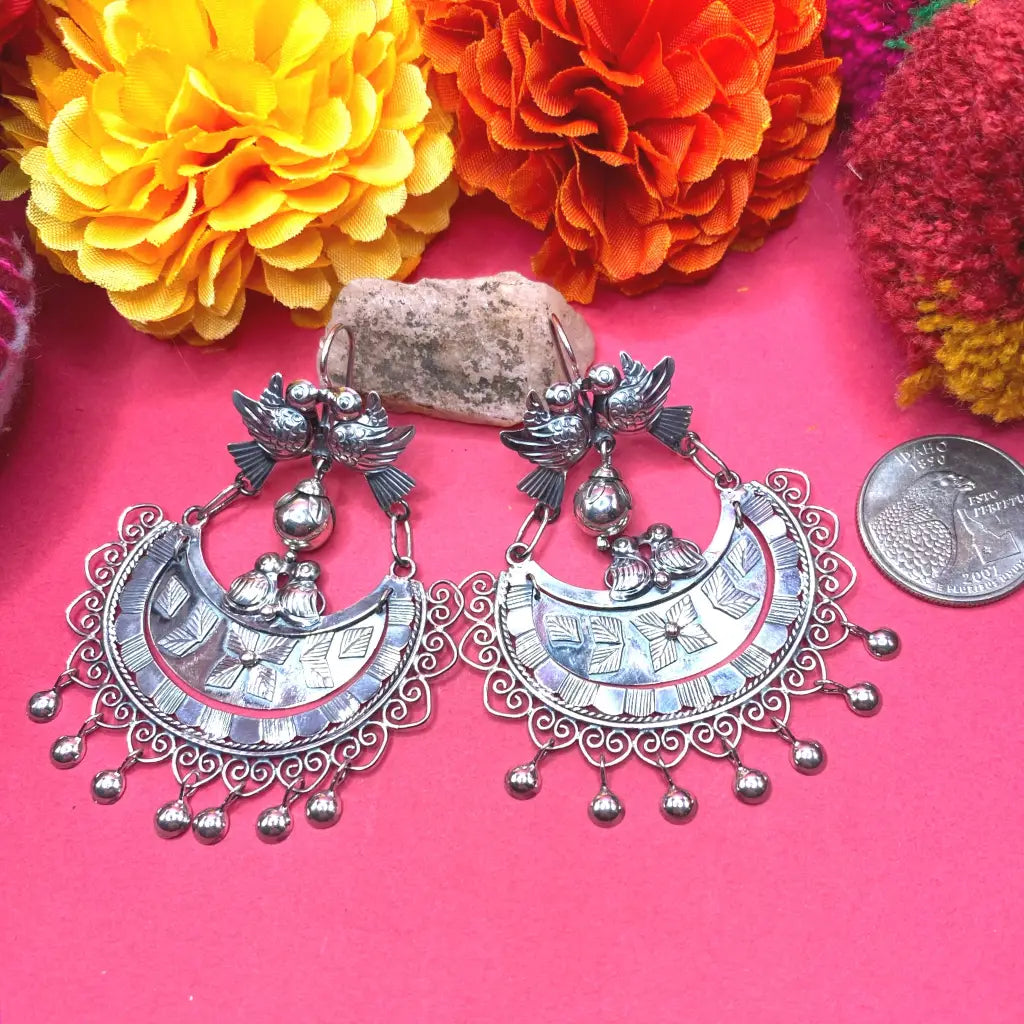 Mexican Mazahua silver earrings handmade with pearls