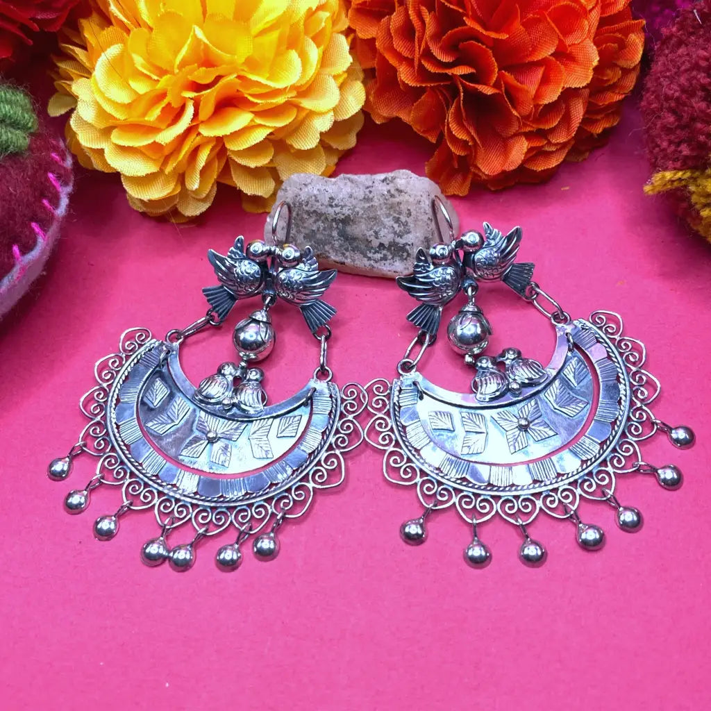 Mexican Mazahua silver earrings handmade with pearls