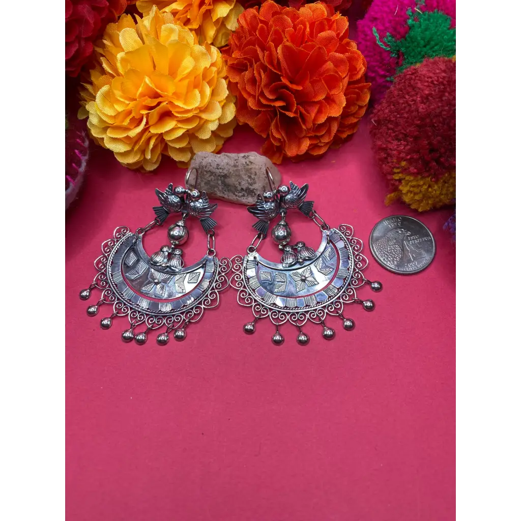 Mexican Mazahua silver earrings handmade with pearls