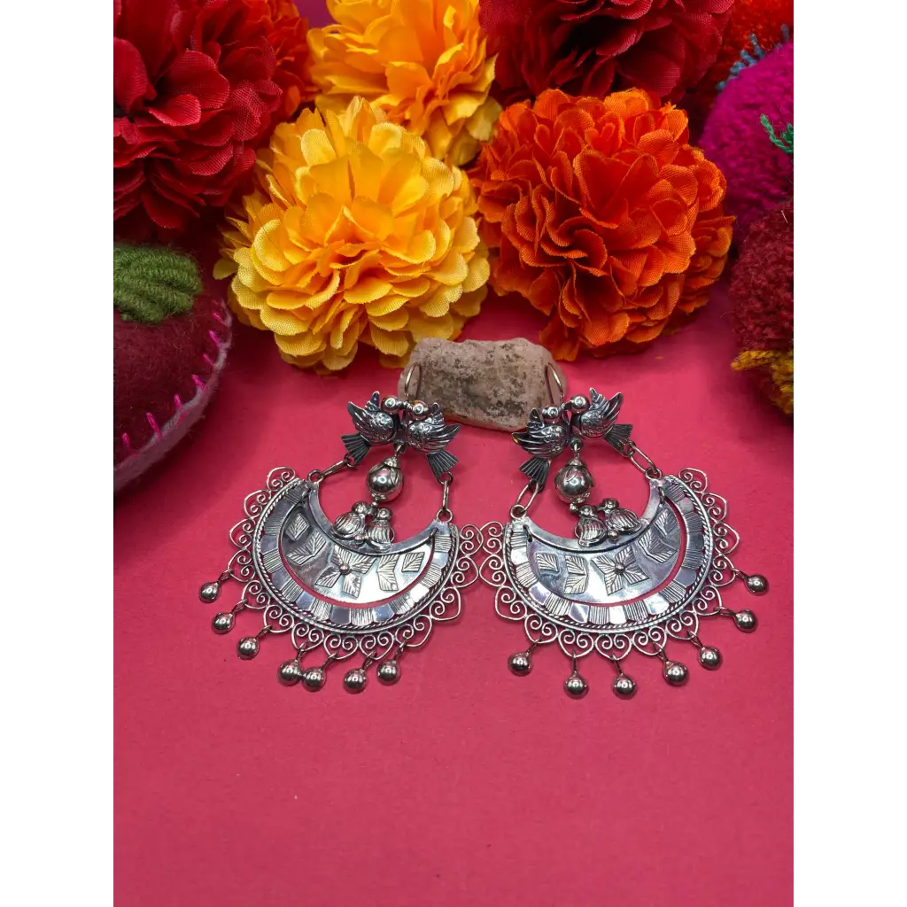 Mexican Mazahua silver earrings handmade with pearls