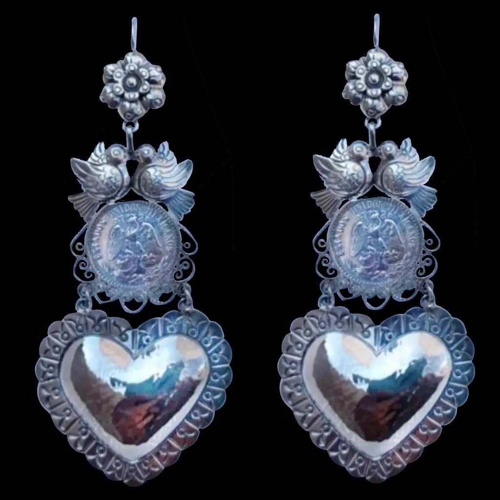 Mexican Mazahua silver heart and coin earrings handmade