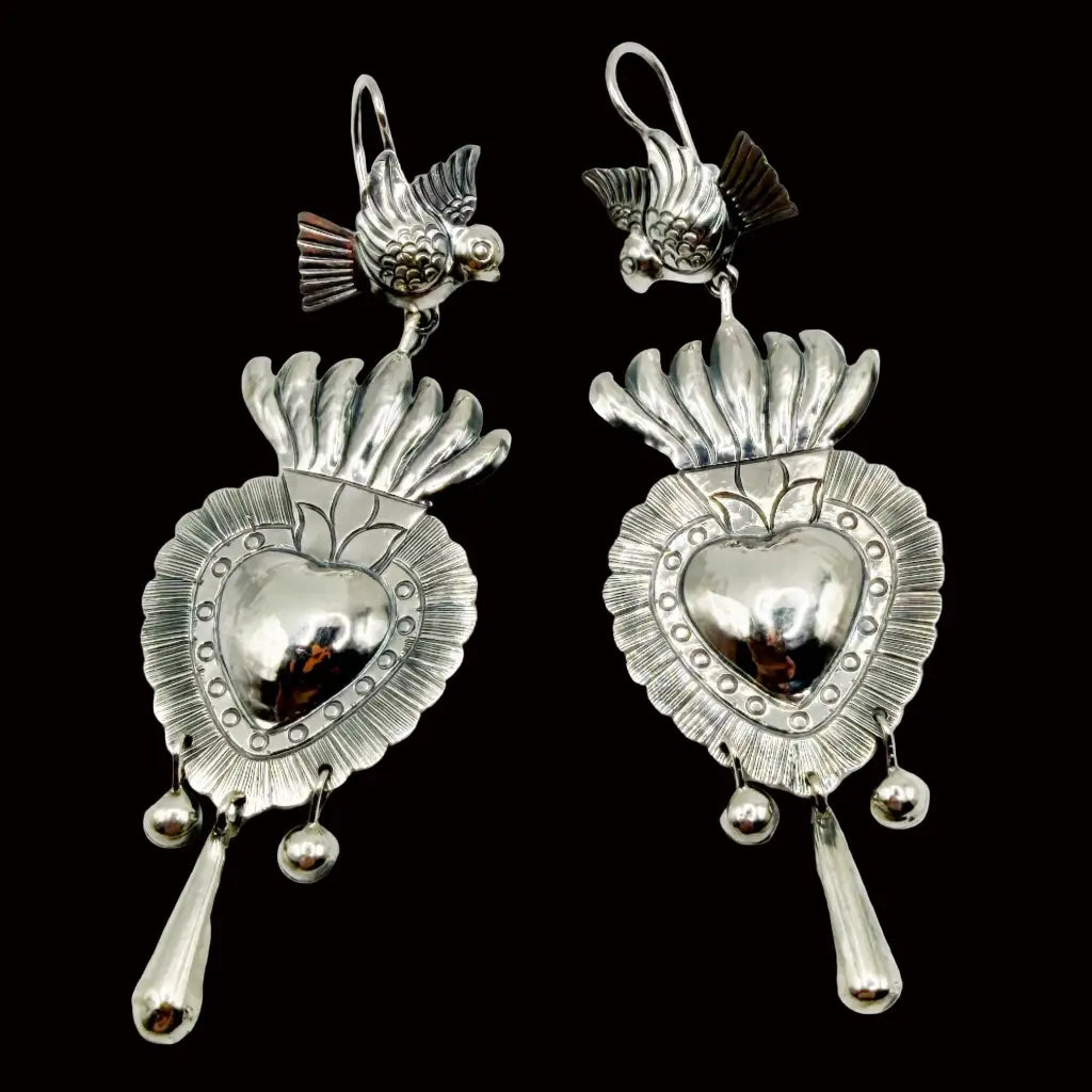 Mexican Mazahua silver heart and dove earrings handmade
