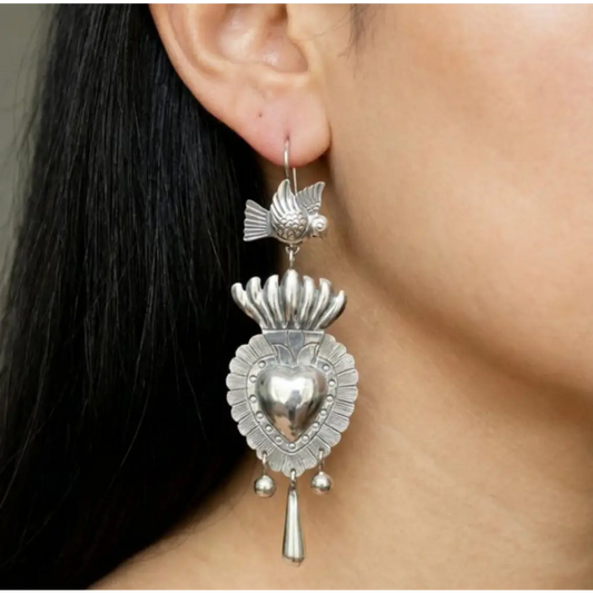 Mexican Mazahua silver heart and dove earrings handmade