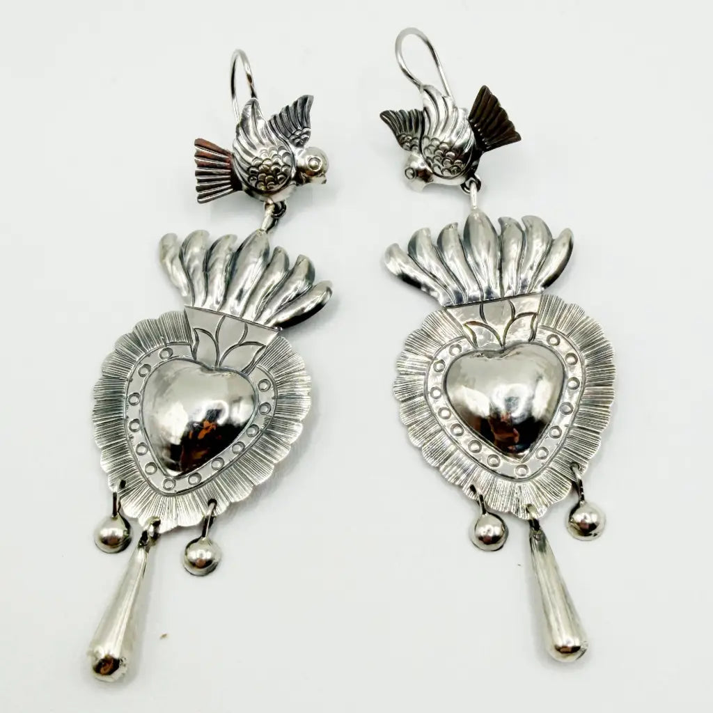 Mexican Mazahua silver heart and dove earrings handmade