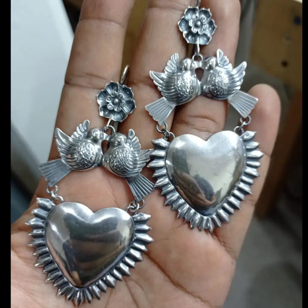 Mexican Mazahua silver heart earrings handmade