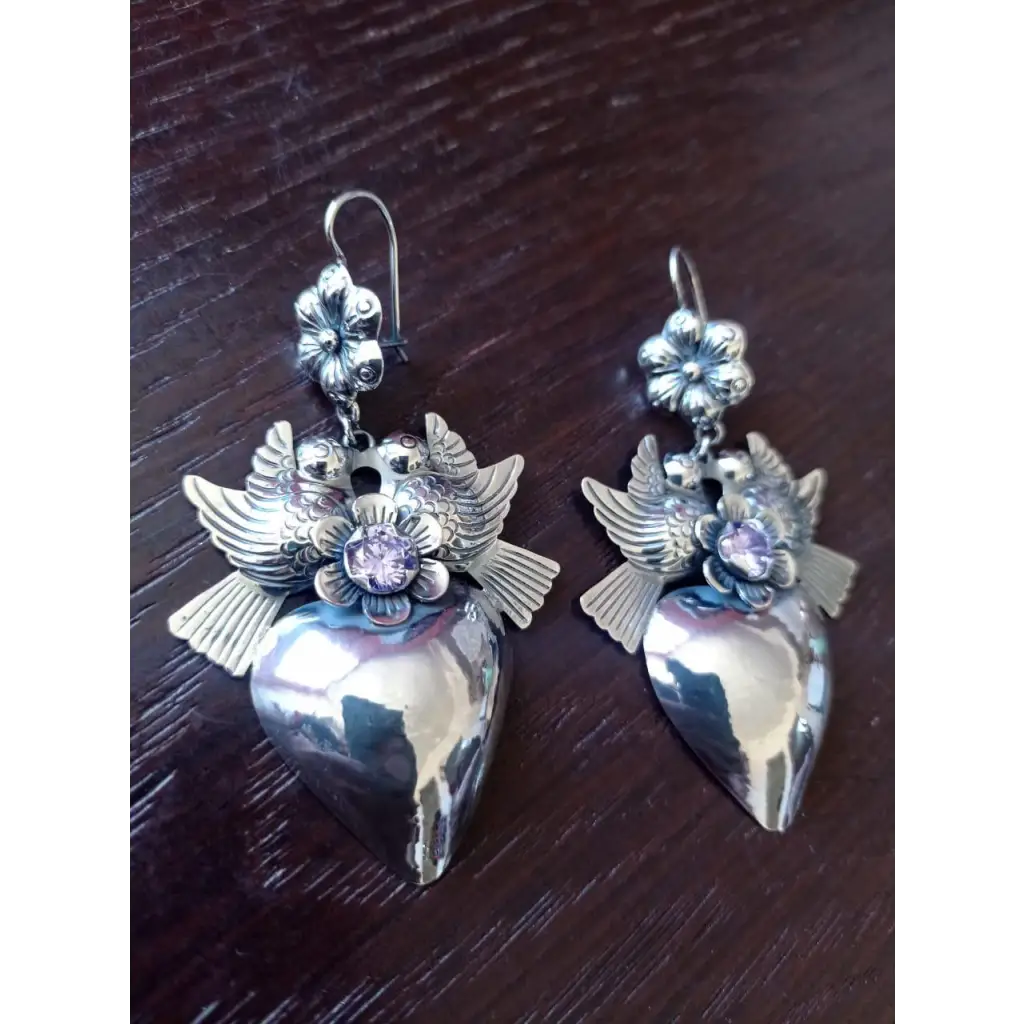 Mexican Mazahua silver heart earrings handmade