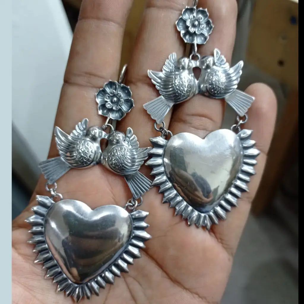 Mexican Mazahua silver heart earrings handmade