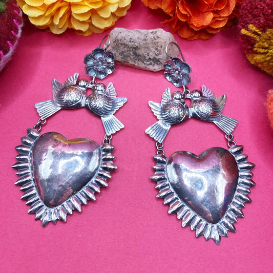 Mexican Mazahua silver heart earrings handmade