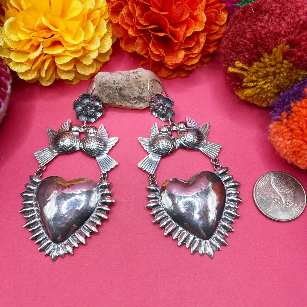 Mexican Mazahua silver heart earrings handmade