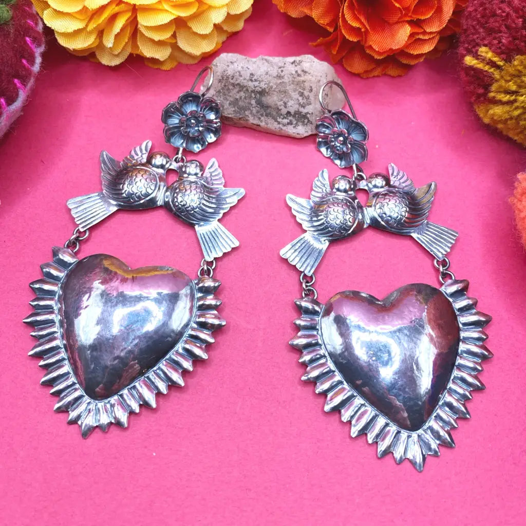 Mexican Mazahua silver heart earrings handmade