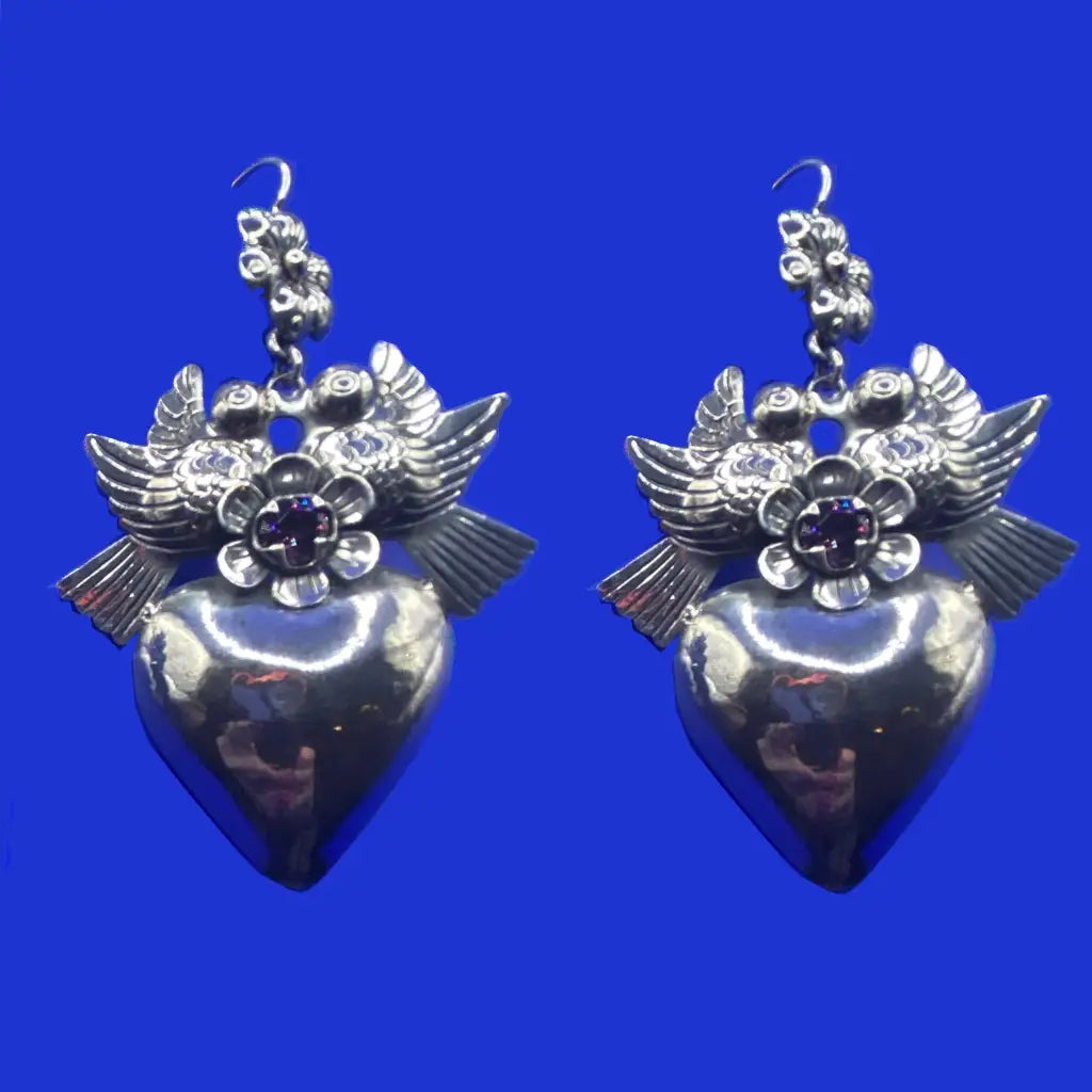 Mexican Mazahua silver heart earrings handmade with blue