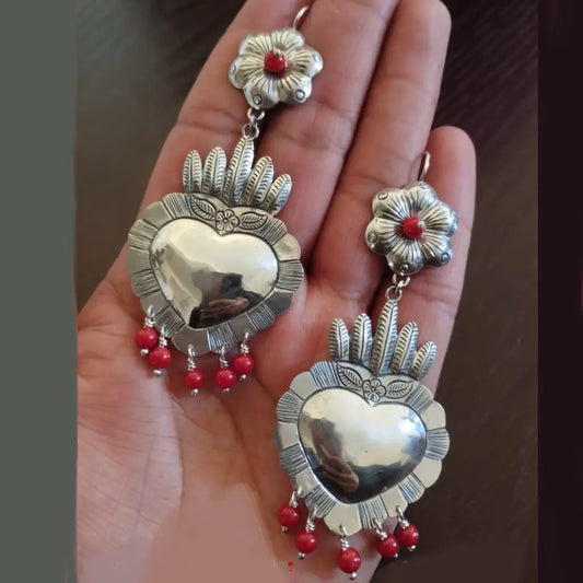 Mexican Mazahua silver heart earrings handmade with coral