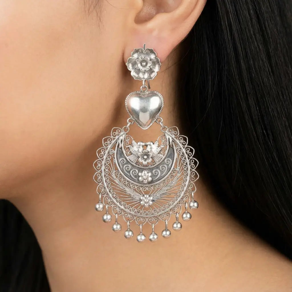 Mexican Mazahua silver heart earrings handmade