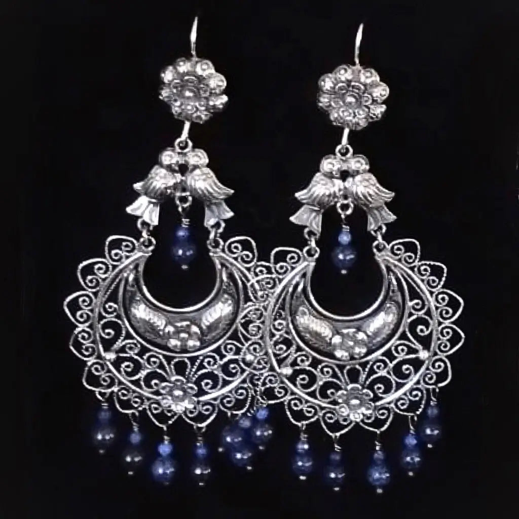 Mexican Mazahua silver dove earrings handmade with lapis