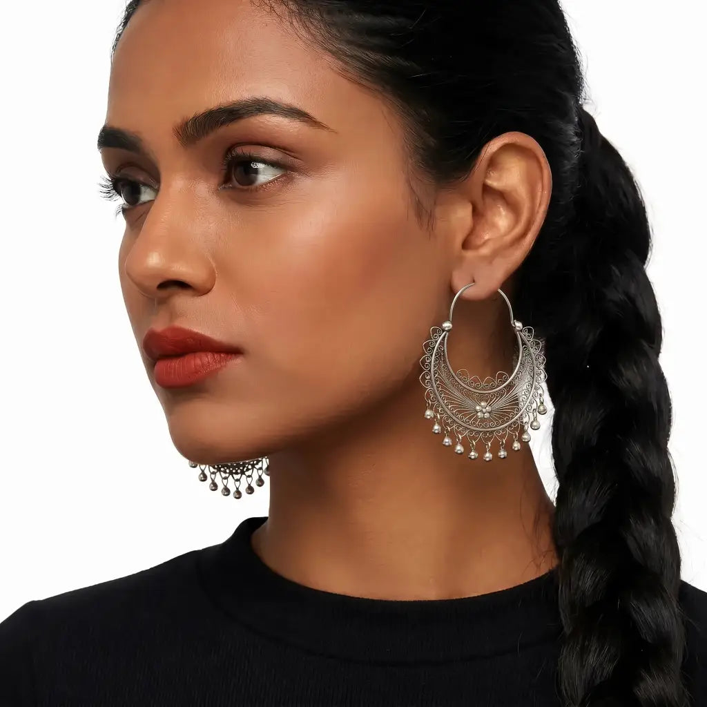 Mexican Mazahua silver hoop earrings-absolutely stunning