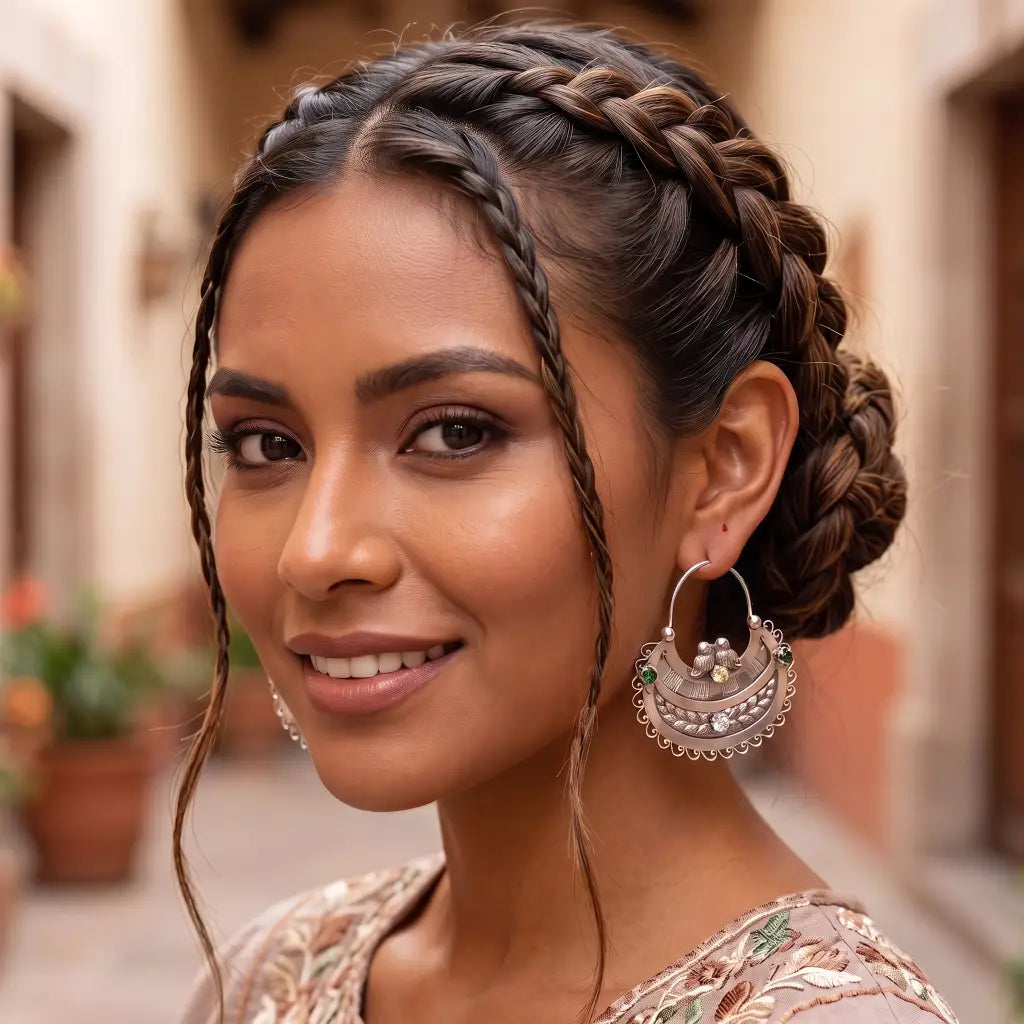 Mexican Mazahua silver hoop earrings with green emerald