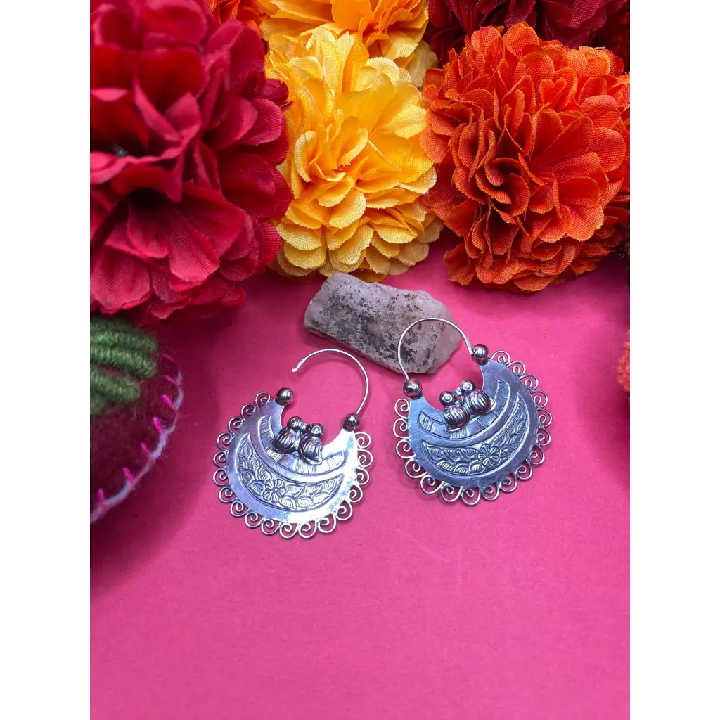 Mexican Mazahua silver hoop earrings handmade traditional