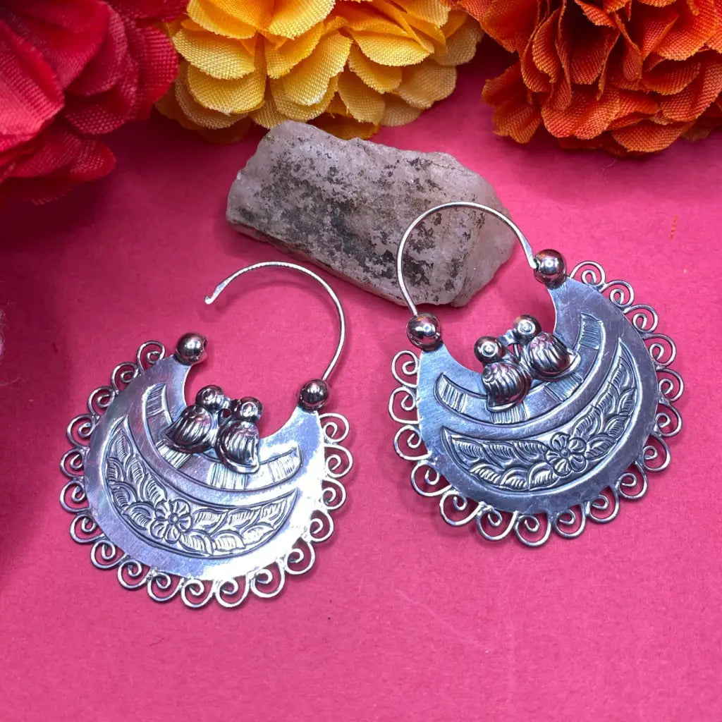 Mexican Mazahua silver hoop earrings handmade traditional