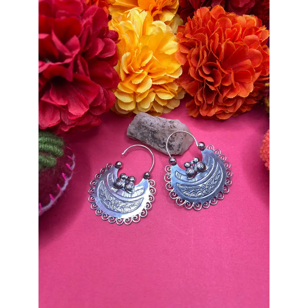 Mexican Mazahua silver hoop earrings handmade traditional