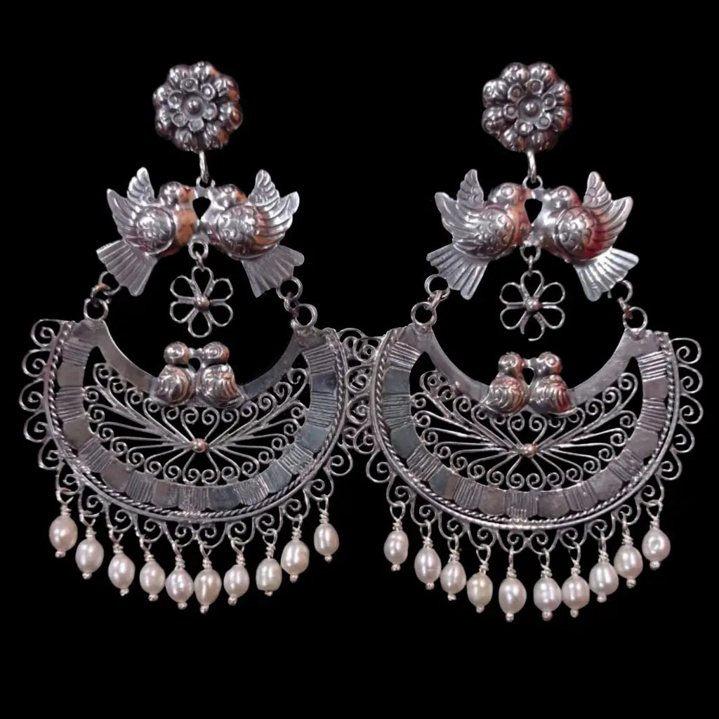 Mexican Mazahua silver wedding earrings handmade with pearls