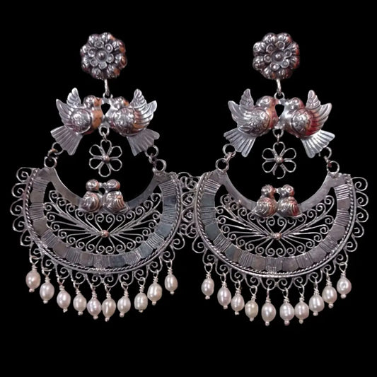 Mexican Mazahua silver wedding earrings handmade with pearls