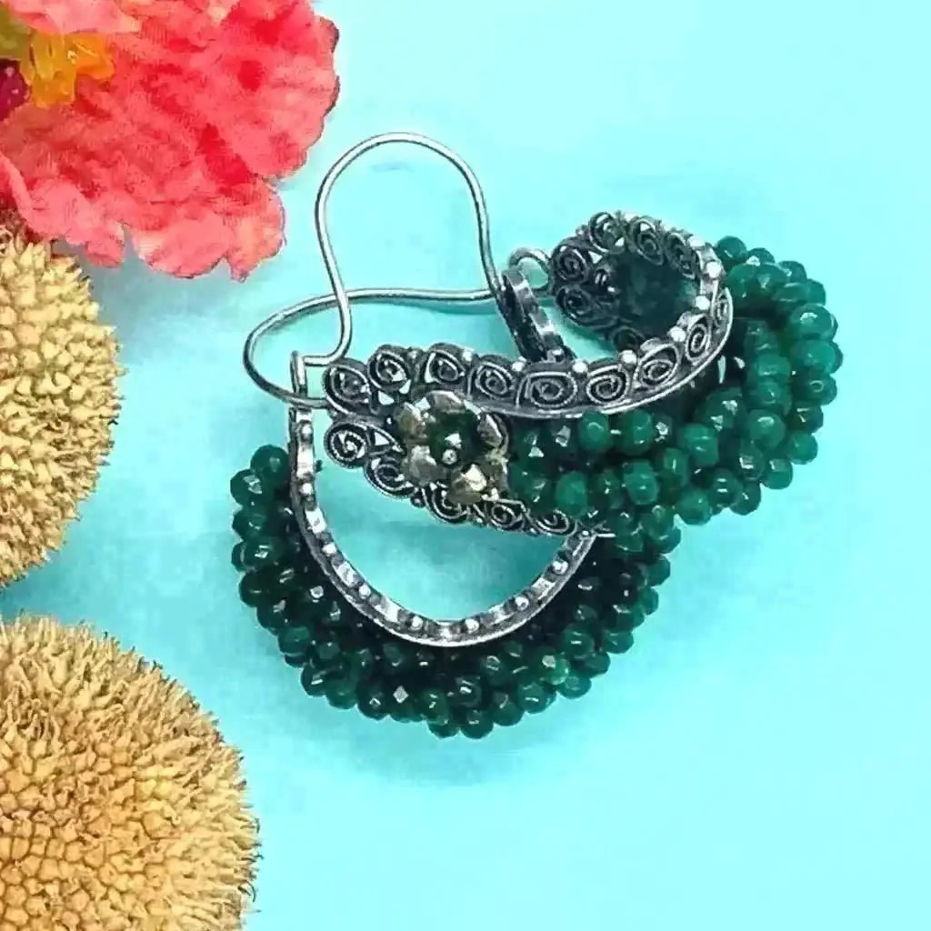 Mexican Oaxacan Gusano silver filigree hoop earrings green