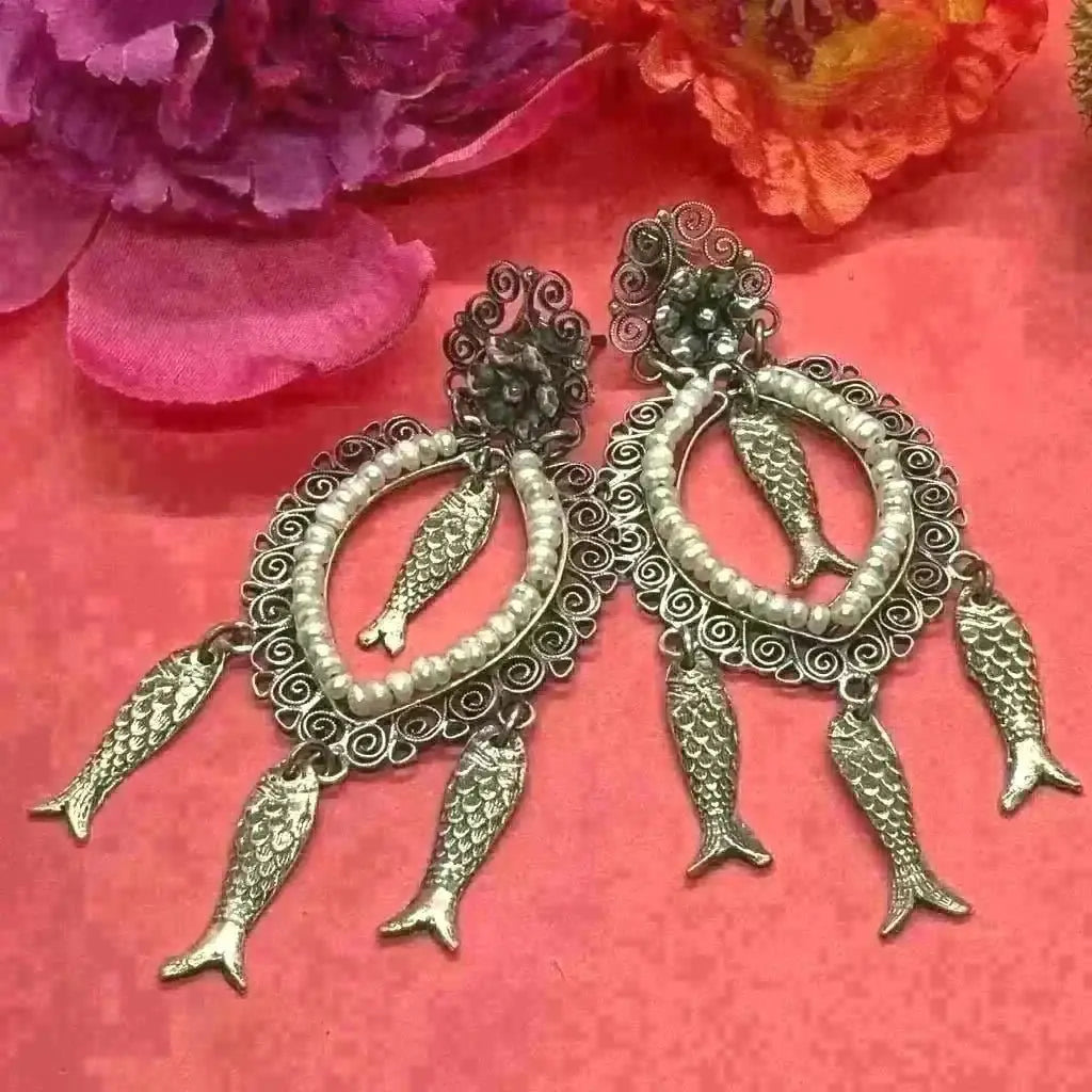 Mexican Oaxacan pearl silver filigree fish dangle earrings