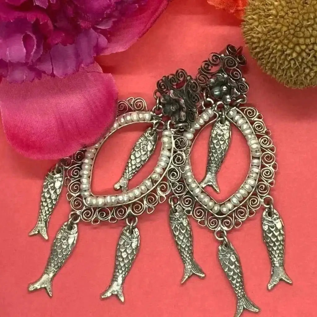 Mexican Oaxacan pearl silver filigree fish dangle earrings