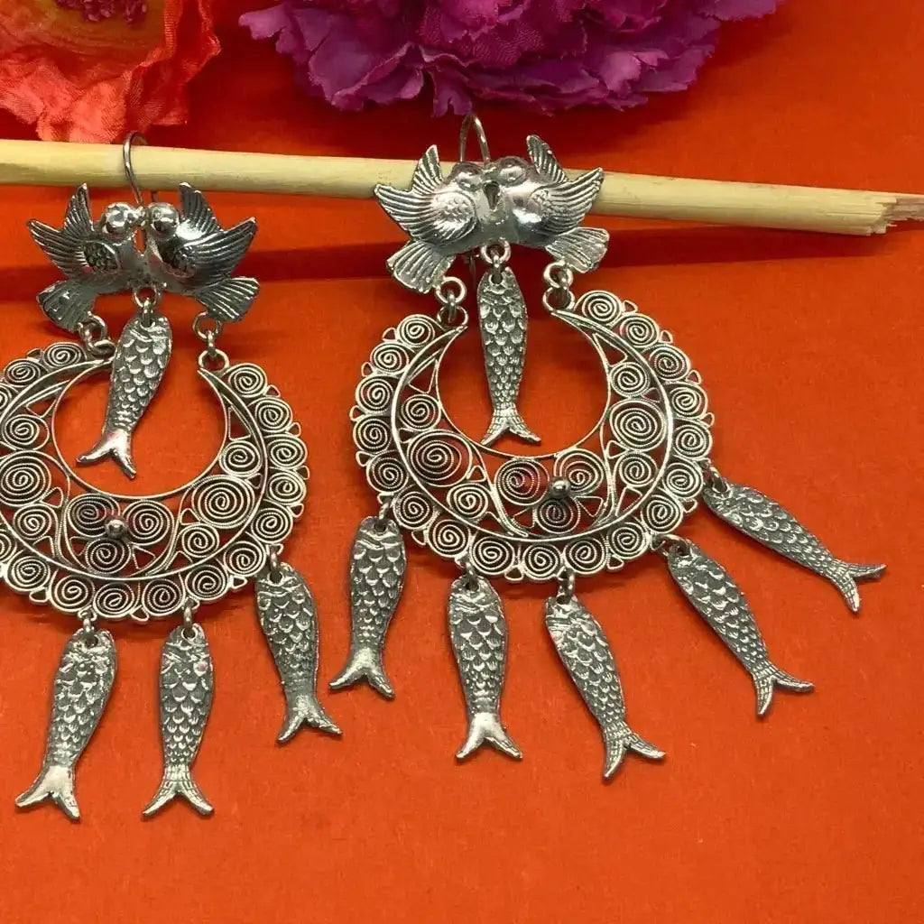 Mexican Oaxacan pearl silver filigree fish earrings - Long