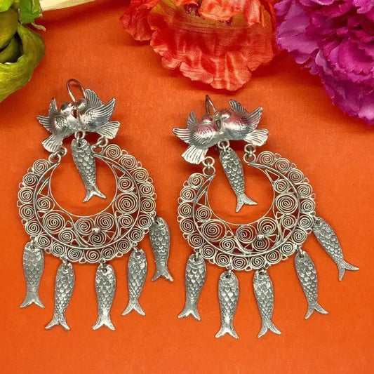 Mexican Oaxacan pearl silver filigree fish earrings - Long
